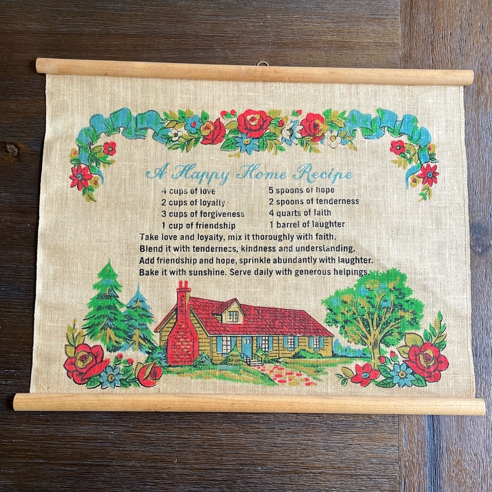 Vintage | Wall Hanging Decor | “A Happy Home Recipe” | Cloth with Wood Hangers